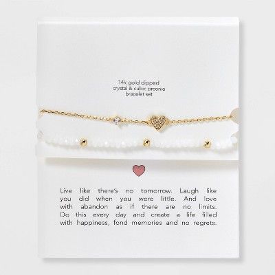 14k Gold Dipped Cubic Zirconia Heart on Chain and Crystal Stretch Bracelet Set 2pc - Gold/White | Target