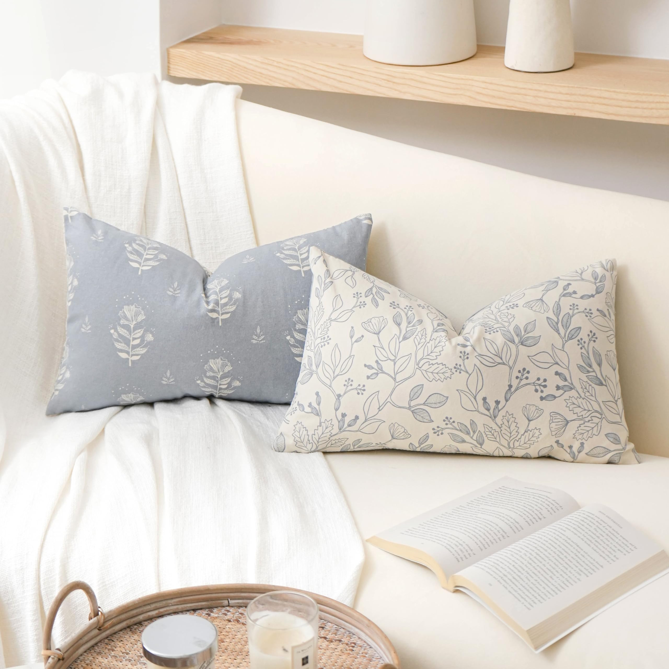 Farmhouse Decorative Lumbar Throw Pillow Cover 12X20 Set of 2, Floral Coastal Blue Cotton Accent ... | Amazon (US)