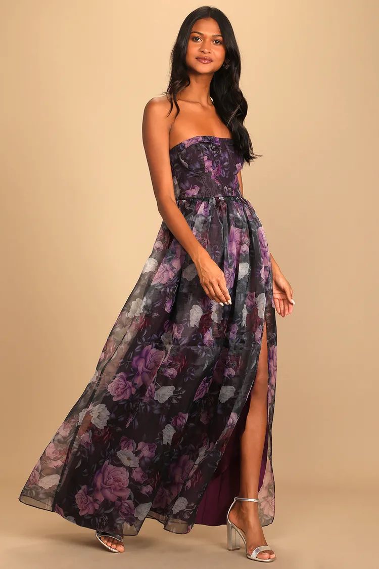 Wonderful Waltz Purple Floral Print Strapless Bustier Maxi Dress | Lulus