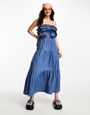 Stradivarius denim tiered maxi skirt in medium blue - part of a set | ASOS (Global)