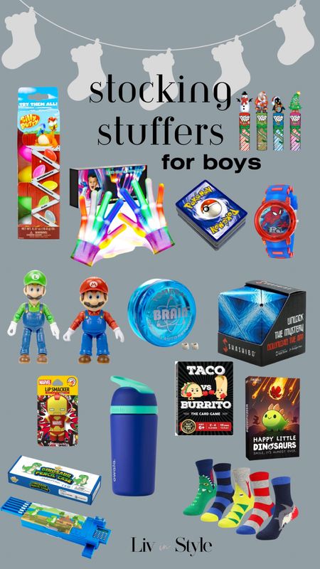 Stocking stuffers for boys! Silly putty, glow gloves, super Mario, yoyo, toy cube, water bottle, socks, pencil case, Pokémon, watch 

#LTKSeasonal #LTKGiftGuide #LTKHoliday