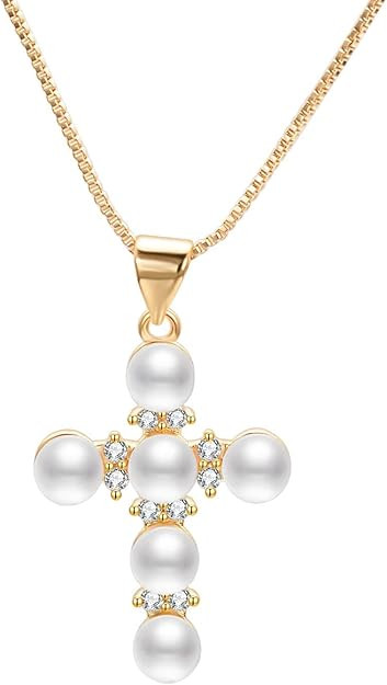 Aleasha Criss Cross Necklace for Women Small Faux Pearl Necklace CZ Pendant 18" Gold Jewelry Gift... | Amazon (US)