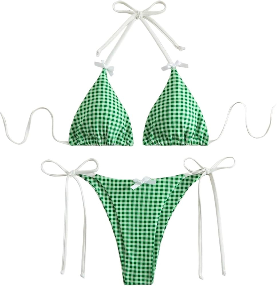 GORGLITTER Women's Gingham Bikini Y2k Plaid Checkered Halter Triangle Top and High Cut Thong Swim... | Amazon (US)