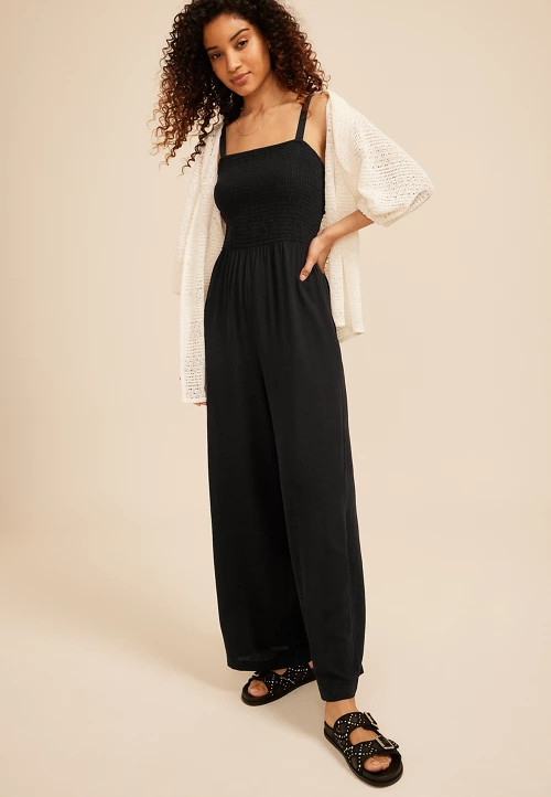 Bare Crossed Back Smocked Wide Leg Jumpsuit | Maurices
