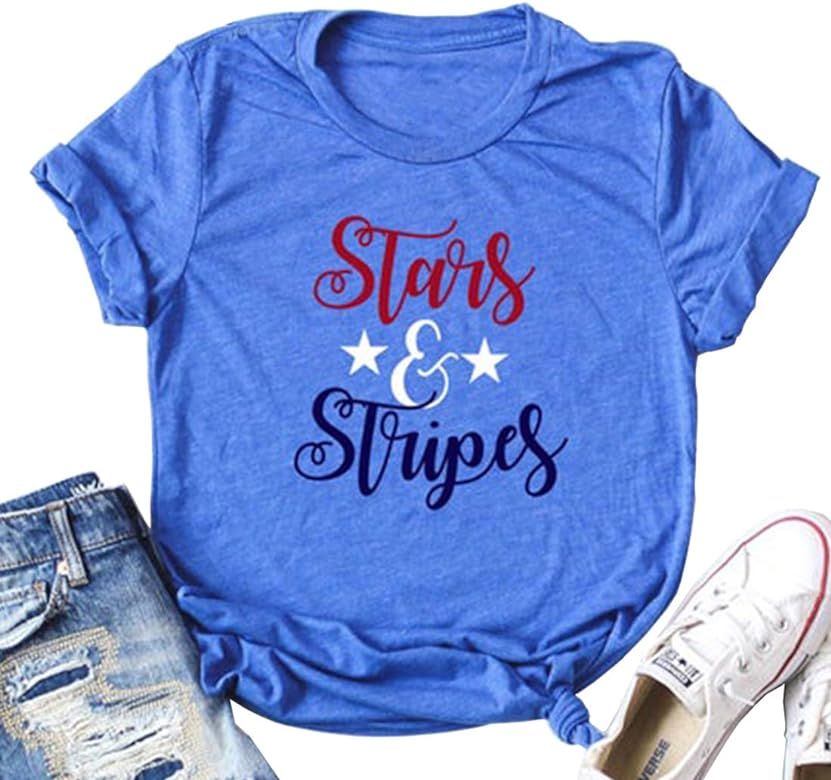Stars Stripes Shirts Women American 4th of July T-Shirt Short Sleeve Patriotic Tee Shirts | Amazon (US)