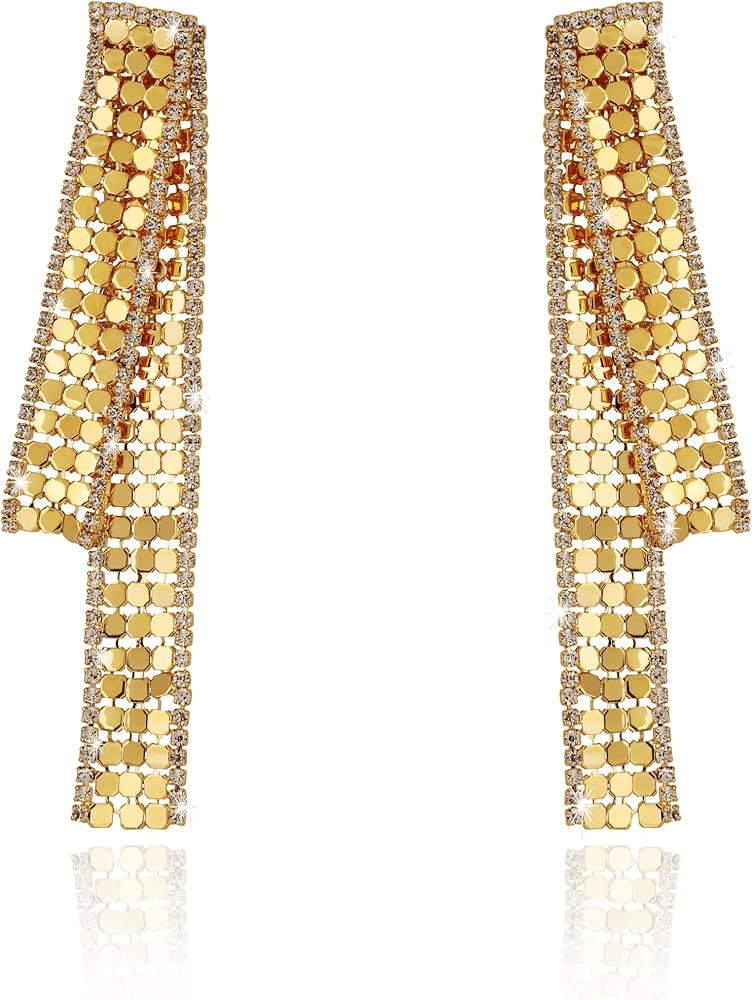 OZEL - Gold Tassel Earrings Trendy Women Earrings Metal Mesh Grid Sequins Drop and Dangle Night C... | Amazon (US)