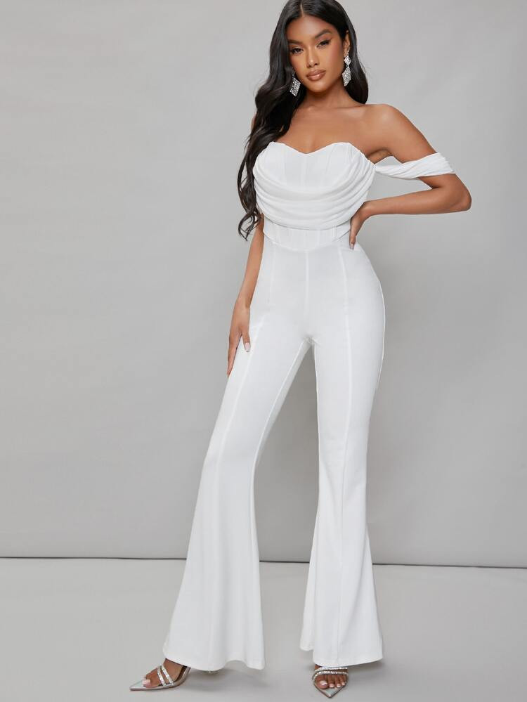 Off Shoulder Seam Front Flare Leg Jumpsuit | SHEIN