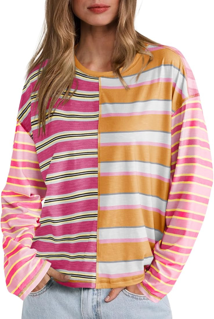 Tankaneo Womens Oversized Striped Shirts Color Block Crew Neck Sweatshirt Casual Loose Fit Long S... | Amazon (US)