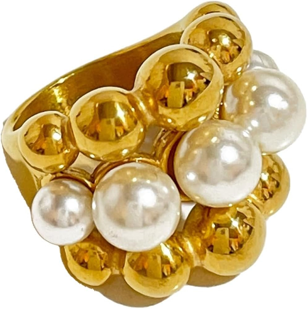 Kokoma Fashion Pearl Chunky Statement Ring for Women Gold-Tone Stainless Steel Chunky Finger Band Thick Stacking Rings Comfort Fit Punk Jewelry | Amazon (US)