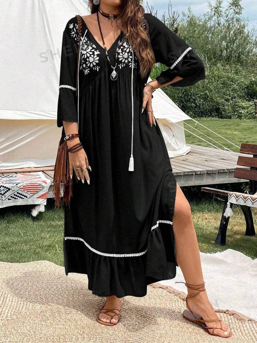 SHEIN VCAY Plus Floral Print Tassel Tie Neck Ruffle Hem Dress | SHEIN