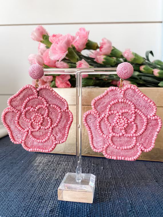 Pink Peony Beaded and Embroidered Earrings - Brookhaven Baubles - Southern Statement Jewelry - Be... | Etsy (US)