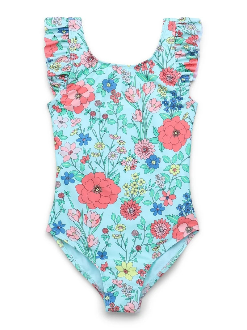 Wonder Nation Girls One Piece Swimsuit with Flutter Sleeves and UPF 50, 1-Piece, Sizes 4-18 & Plu... | Walmart (US)