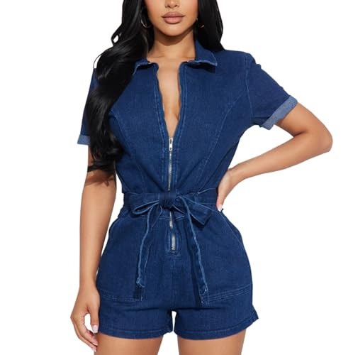SheKiss Womens Sexy Short Sleeves Denim Romers Front Zipper Stretch Turn Down Collar Short Jean Jumpsuits Adjustable Tie Waist Blue | Amazon (US)