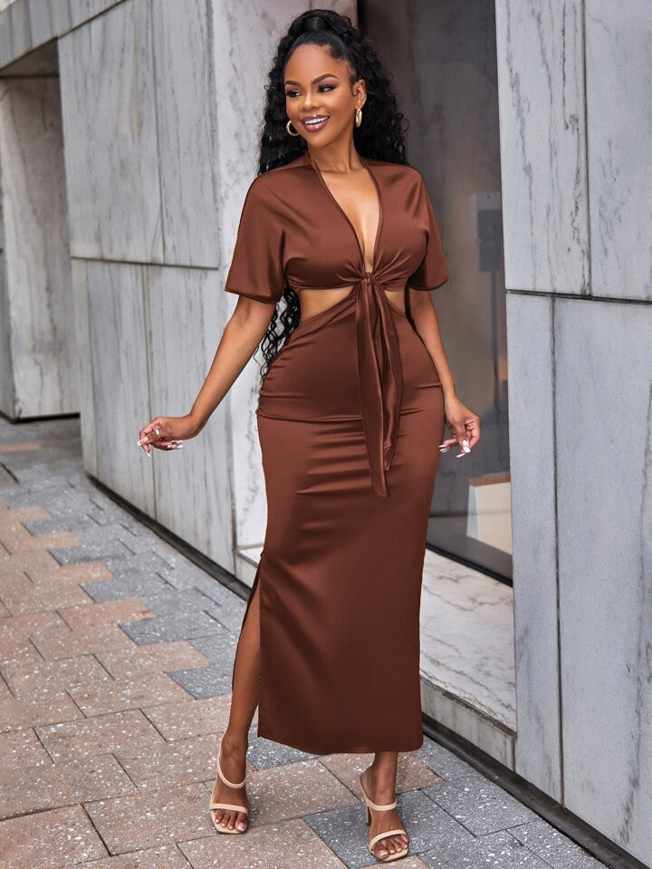 SHEIN Slayr Plunging Neck Tie Front Satin Top & Split Thigh Skirt | SHEIN USA | SHEIN