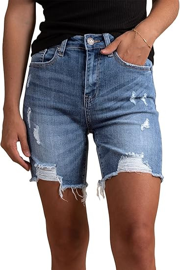 HUUSA Women's High Waist Ripped Denim Shorts Frayed Hem Destroyed Mid Thigh Short Jeans Casual Be... | Amazon (US)