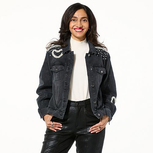 C Wonder by Christian Siriano Faux Pearl Heart Denim Jacket - Medium Indigo Wash - Size 3X | HSN