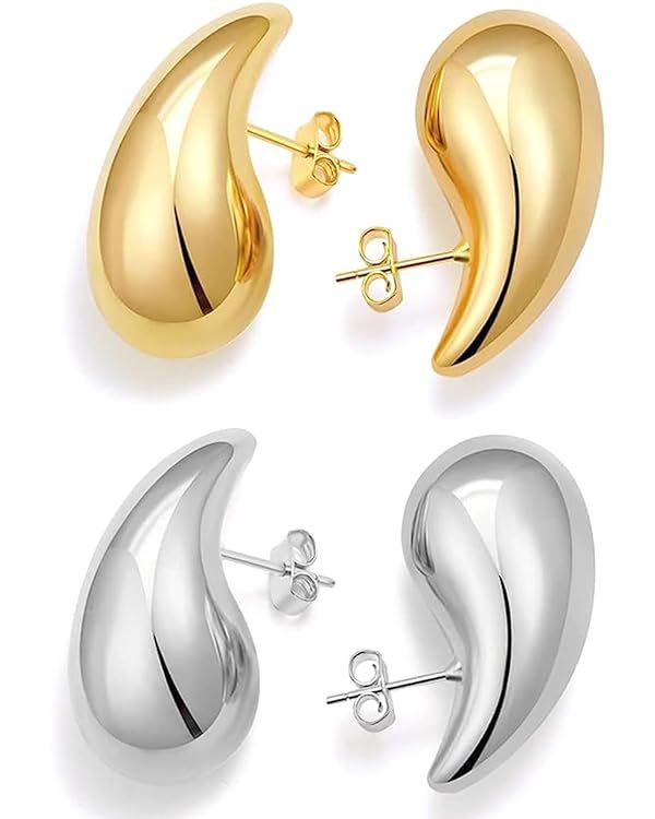 2 Pair Bottega Teardrop gold hoop Earrings for Women,Gold/Silver Chunky Hoop Earring Lightweight ... | Amazon (US)
