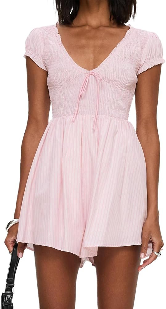 Muineobuka Womens Gingham Romper Summer V Neck Casual Beach Vacation Plaid Smocked Jumpsuits Ruff... | Amazon (US)