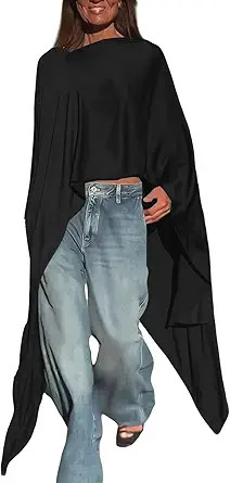 Heevina Long Sleeve Shirts For Women Chiffon Batwing Wrap Poncho Loose Fit Lightweight Shirt Tshi... | Amazon (US)