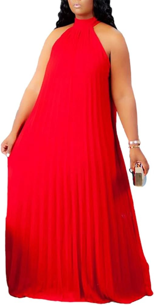Aro Lora Womens Casual Sleeveless Plus Size Chiffon Halter Neck Pleated Loose Long Maxi Dress | Amazon (US)