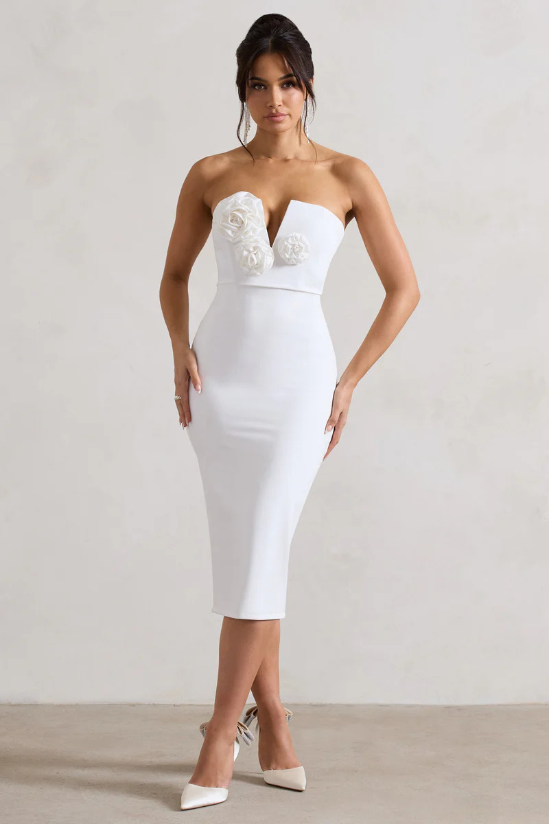 Fanciful | White Bodycon V-Neck Midi Dress With Flowers | Club L London AU