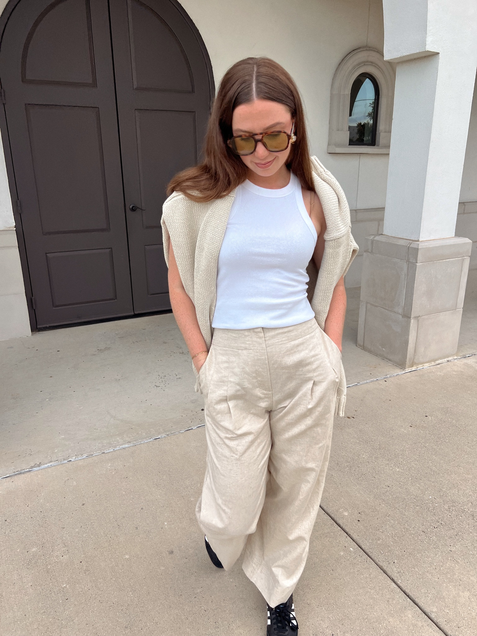 fall outfit idea with trousers a white tank & cardigan, oh & black sambas sneakers 😎

#LTKSeasonal