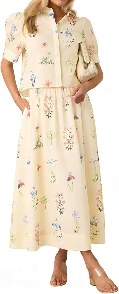 Tankaneo Womens Floral 2 Piece Skirt Set Summer Puff Sleeve Crop Blouse and Maxi Dress Outfits Ma... | Amazon (US)