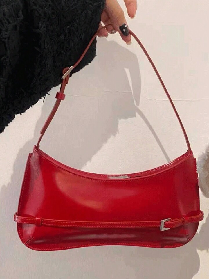 All-Match Solid Color Shoulder Bag With Glossy Finish, Detachable Slim Strap, Women Clutch Purse | SHEIN