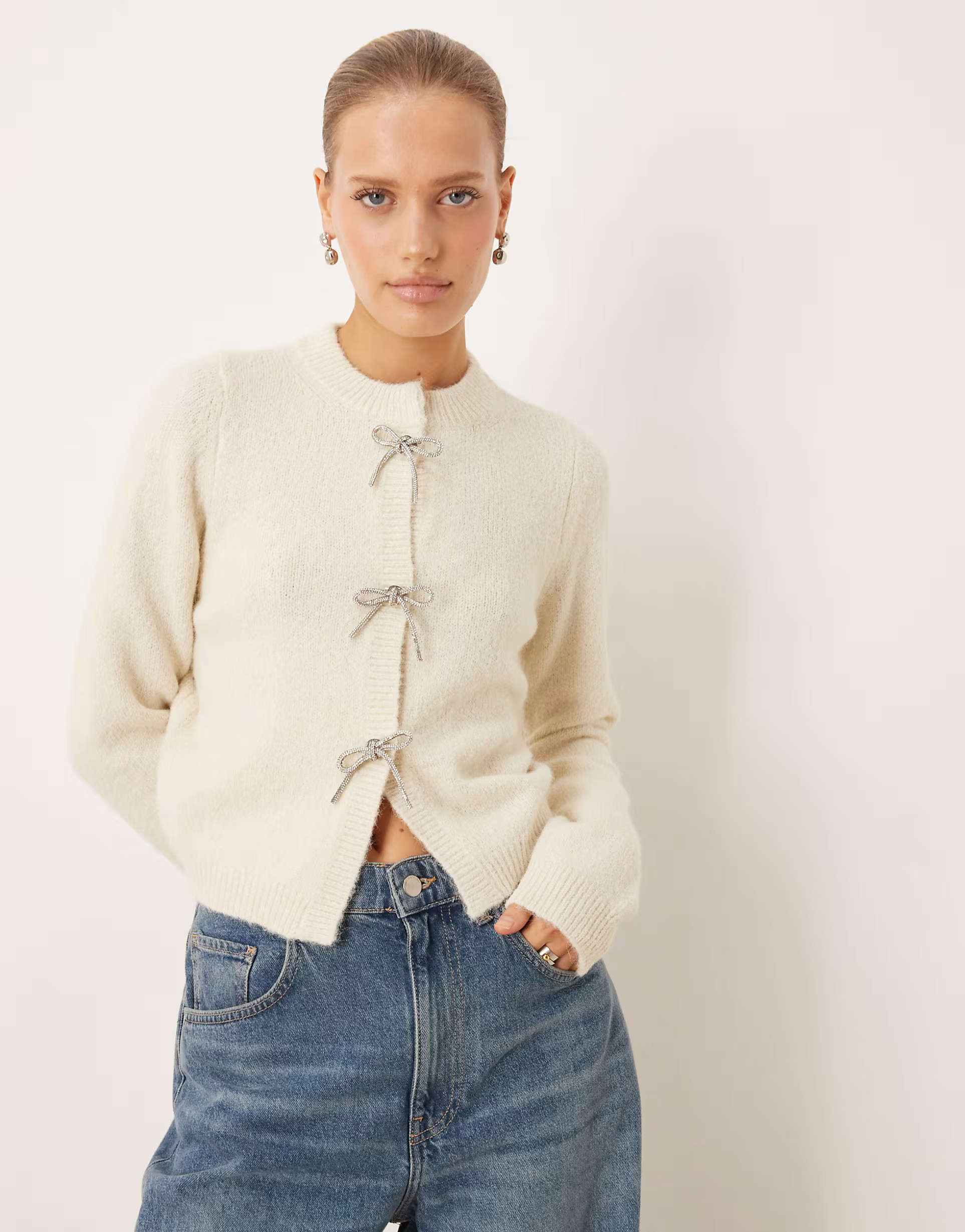 ASOS DESIGN diamante bow front cardigan in cream | ASOS | ASOS (Global)
