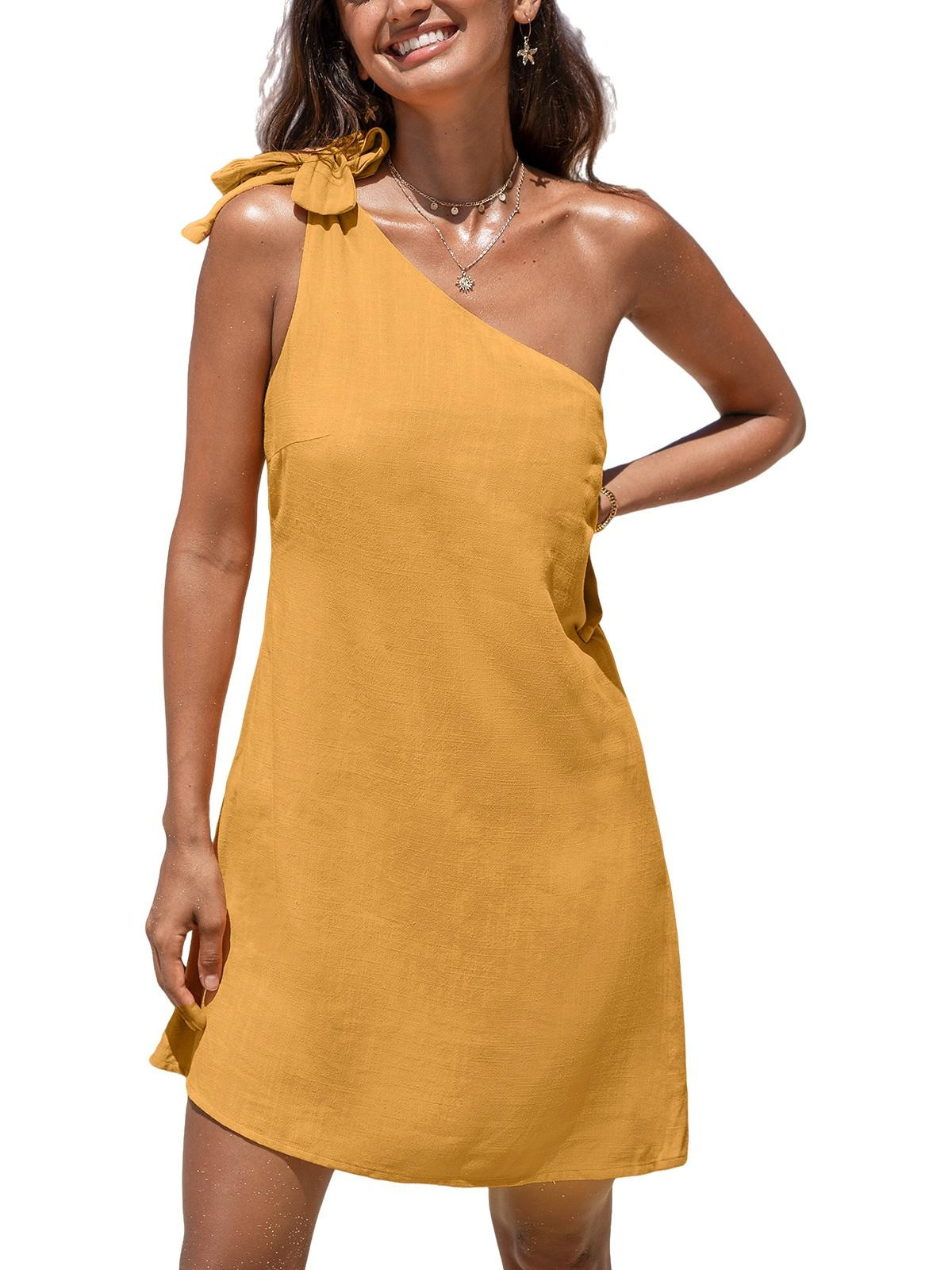 CUPSHE Women's Dress Asymmetrical Neckline One-shoulder ShoulderTie Mini Linen Dress | Walmart (US)