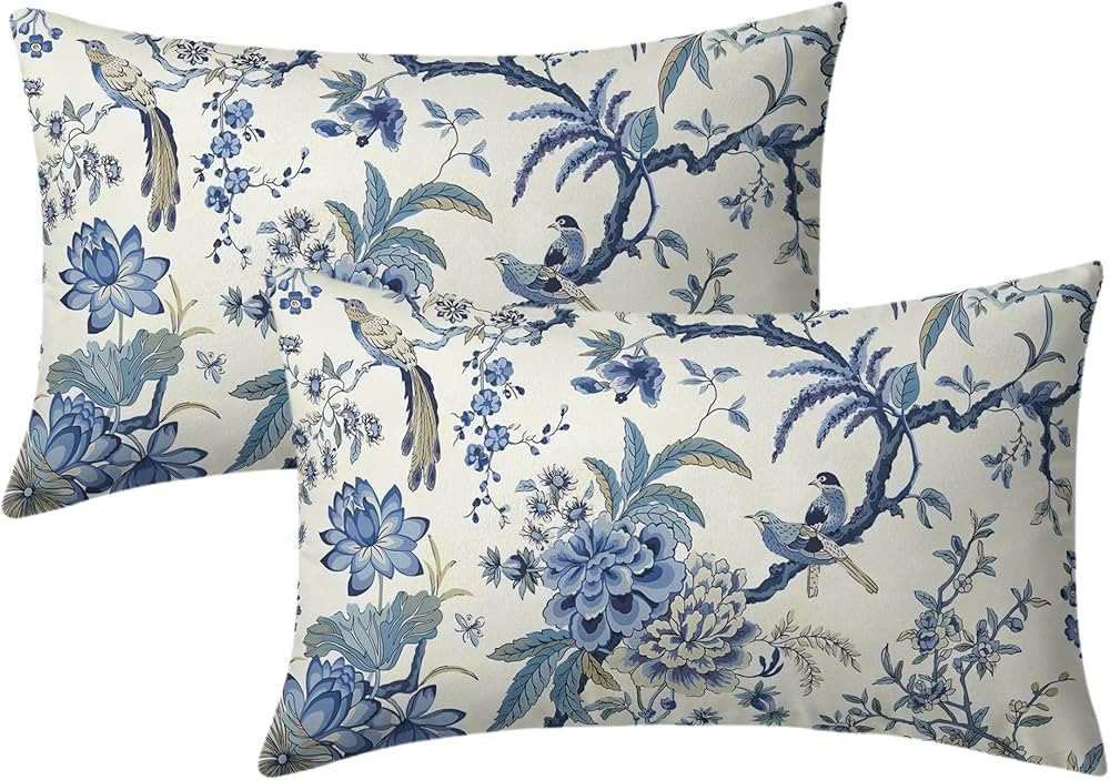 Chinoiserie Pillow Covers 12x20 Inch Set of 2 Blue and White Outdoor Pillows Bule Birds Flowers T... | Amazon (US)