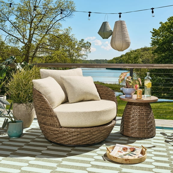 Beautiful Wicker Outdoor Swivel Chair with Bouclé Cushions & Cover by Drew Barrymore, Brown/Porc... | Walmart (US)