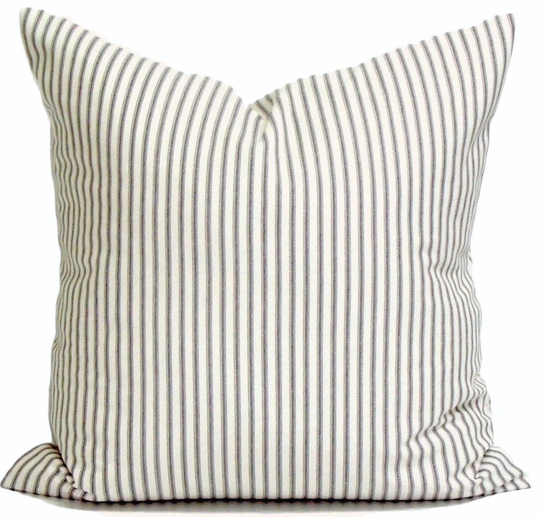 Charcoal Ticking Stripe Pillow, Gray Cream Ticking, Farmhouse Pillow, Ticking Pillow Cover for 20... | Etsy (US)