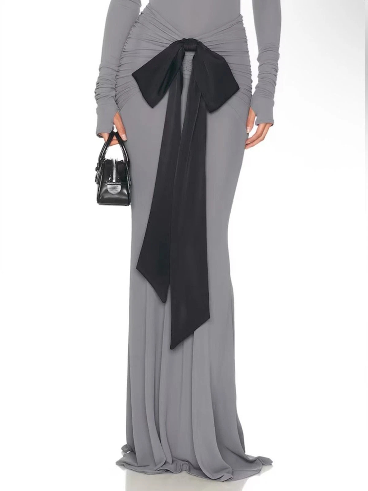 Helsa The Althea Jersey Skirt With Bow in Graphite Grey Maxi Ruched Size Medium | eBay | eBay US