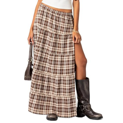Women's Y2K Plaid Maxi Skirts Elastic Waist Side Slit Tiered Skirt Vintage Summer Flowy Gingham A Line Skirts Light Brown | Amazon (US)