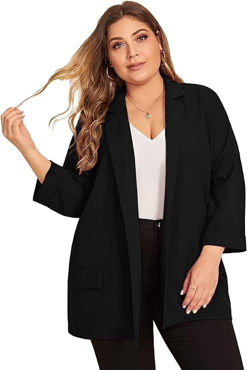 WDIRARA Women's Plus Size Long Sleeve Blazer Casual Open Front Cardigan Jacket | Amazon (US)