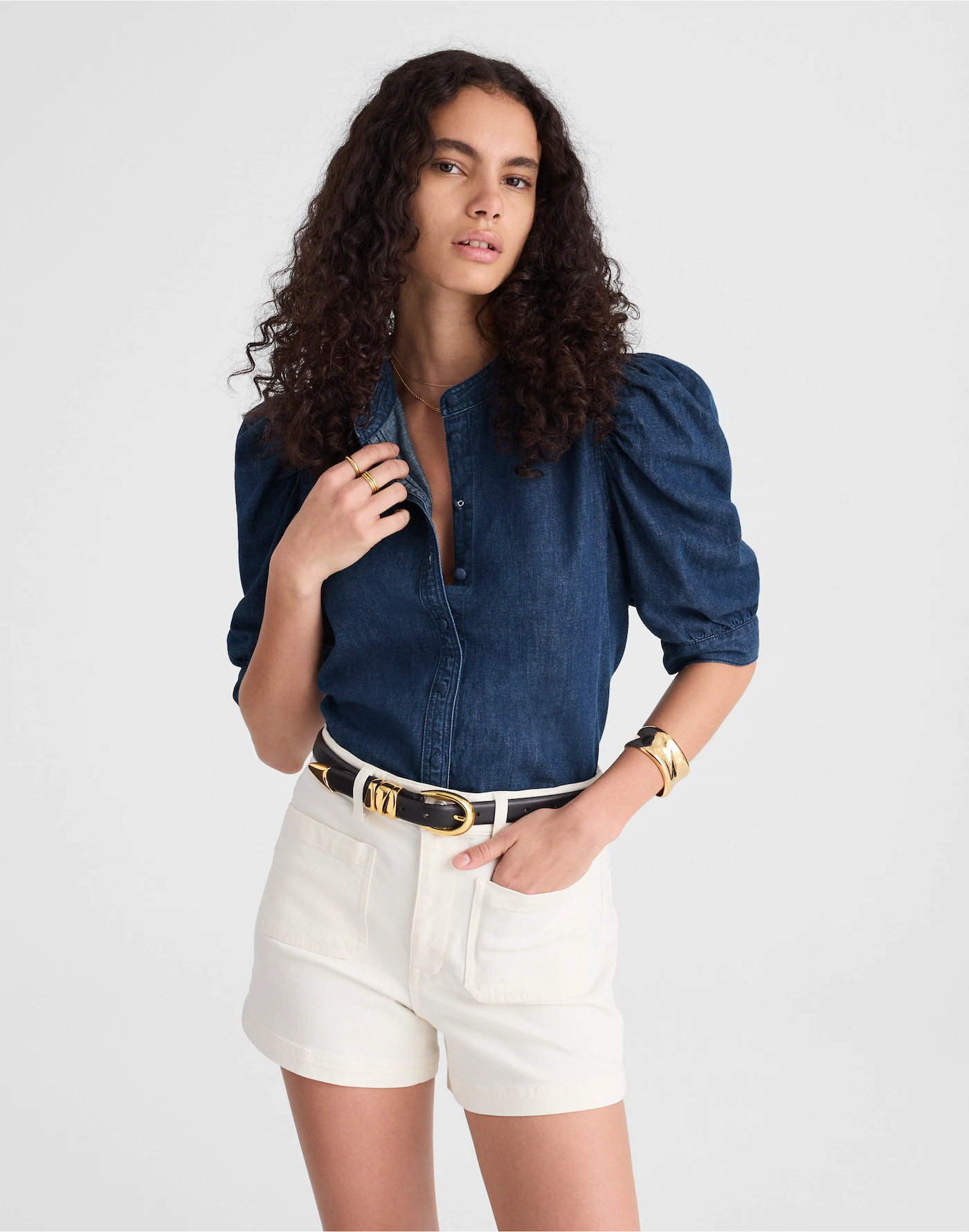 Denim Puff-Sleeve Band-Collar Shirt | Madewell | Madewell