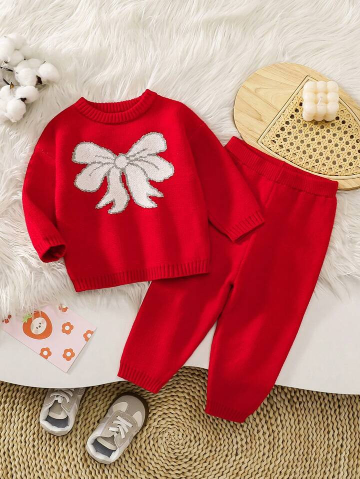 2pcs Toddler Girls Bow Knit Sweater & Pants Set, Autumn/Winter Special Textured Elastic Comfortab... | SHEIN