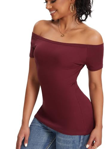 Burgundy Off The Shoulder Tops for Women Short Sleeve Shirts Ribbed Basic Trendy Stretchy Lightweight Tops(Burgundy Large) | Amazon (US)
