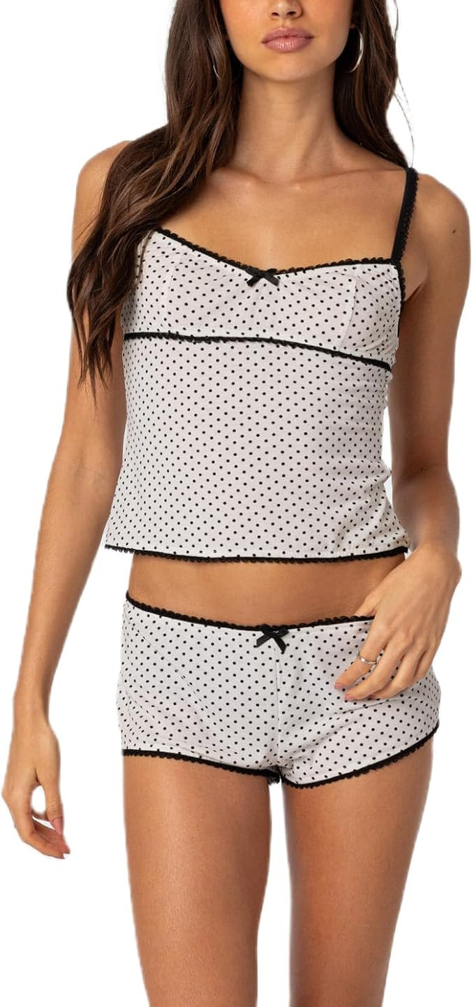 Seyurigaoka Women Y2k 2 Piece Lace Shorts Set Sleeveless V Neck Cami Top with Shorts Pajamas Sets... | Amazon (US)