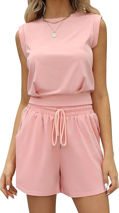 Bloggerlove 2 Piece Women Lounge Sets - Cotton Sleeveless Crop Top and Drawstring Waist Shorts Pa... | Amazon (US)