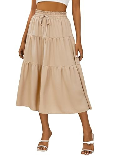Anbech Women Casual Skirt Elastic High Waist Pleated A-Line Beach Midi Skirt (M, Khaki) | Amazon (US)