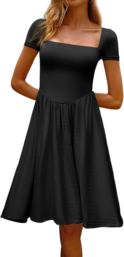 CHYRII Women Fashion Summer 2025 Square Neck Short Sleeve A-Line Wedding Guest Cocktail Midi Dres... | Amazon (US)