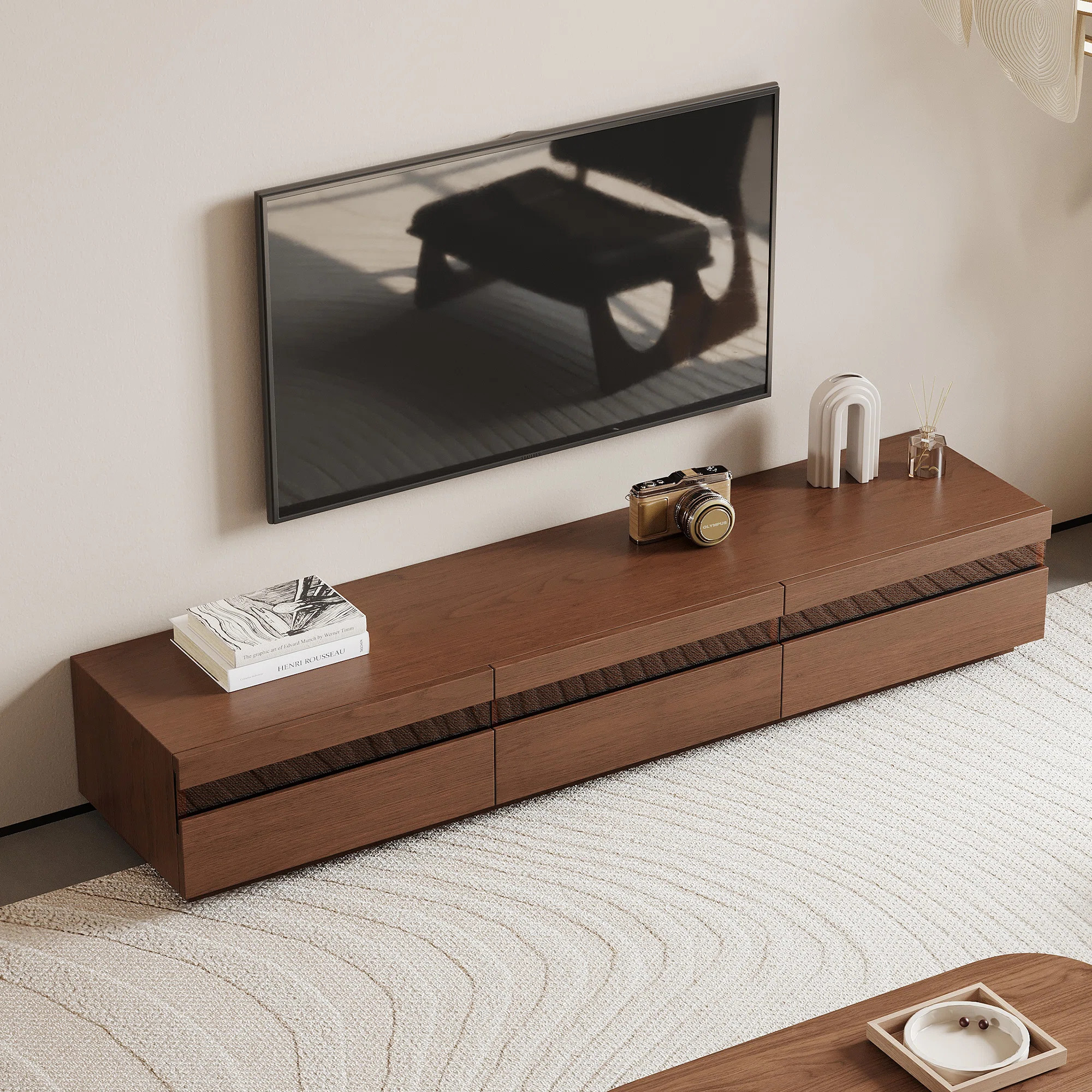 71" Mid Century TV Stands,Solid Wood Media Console,Brown Color with 3 Drawers | Wayfair North America