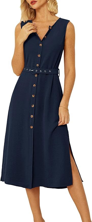 GRACE KARIN Women Casual Summer Dress 2024 Business Work Belted Sleeveless Button Down Shirt Dres... | Amazon (US)