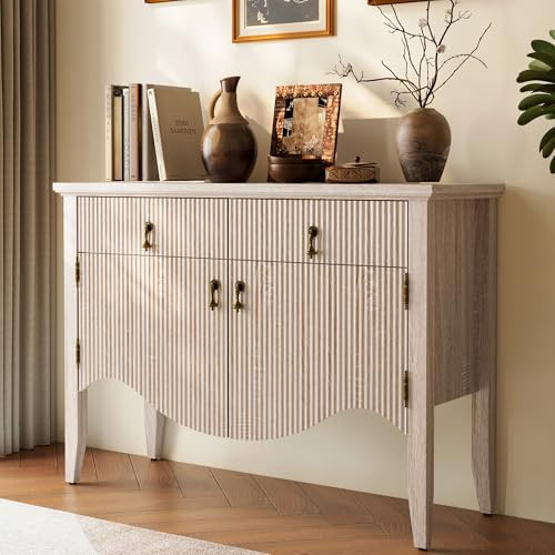 FUSUNBAO Retro Buffet Cabinet with Storage, Fluted Sideboard Credenza with Drawer, Accent Bar Cabinet for Living Room Furniture, Coffee Bar or Entryway, Dining Room (Oak, 40Inch) | Amazon (US)