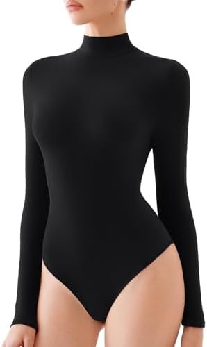 REORIA Women's Turtle Neck Long Sleeve Bodysuit Basic Slim Fit Double Lined Lightweight Layering ... | Amazon (US)