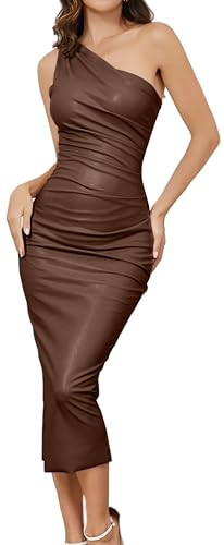 OVRUNS One Shoulder Faux PU Leather Dress Bodycon Sleeveless Ruched Cocktail Clubwear Midi Dresses for Women Brown | Amazon (US)