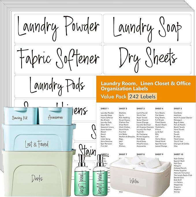 Hebayy 242 pcs Laundry Room, Linen Closet & Office Labels, 220 Pre-Printed Waterproof Oil&Tear Re... | Amazon (US)