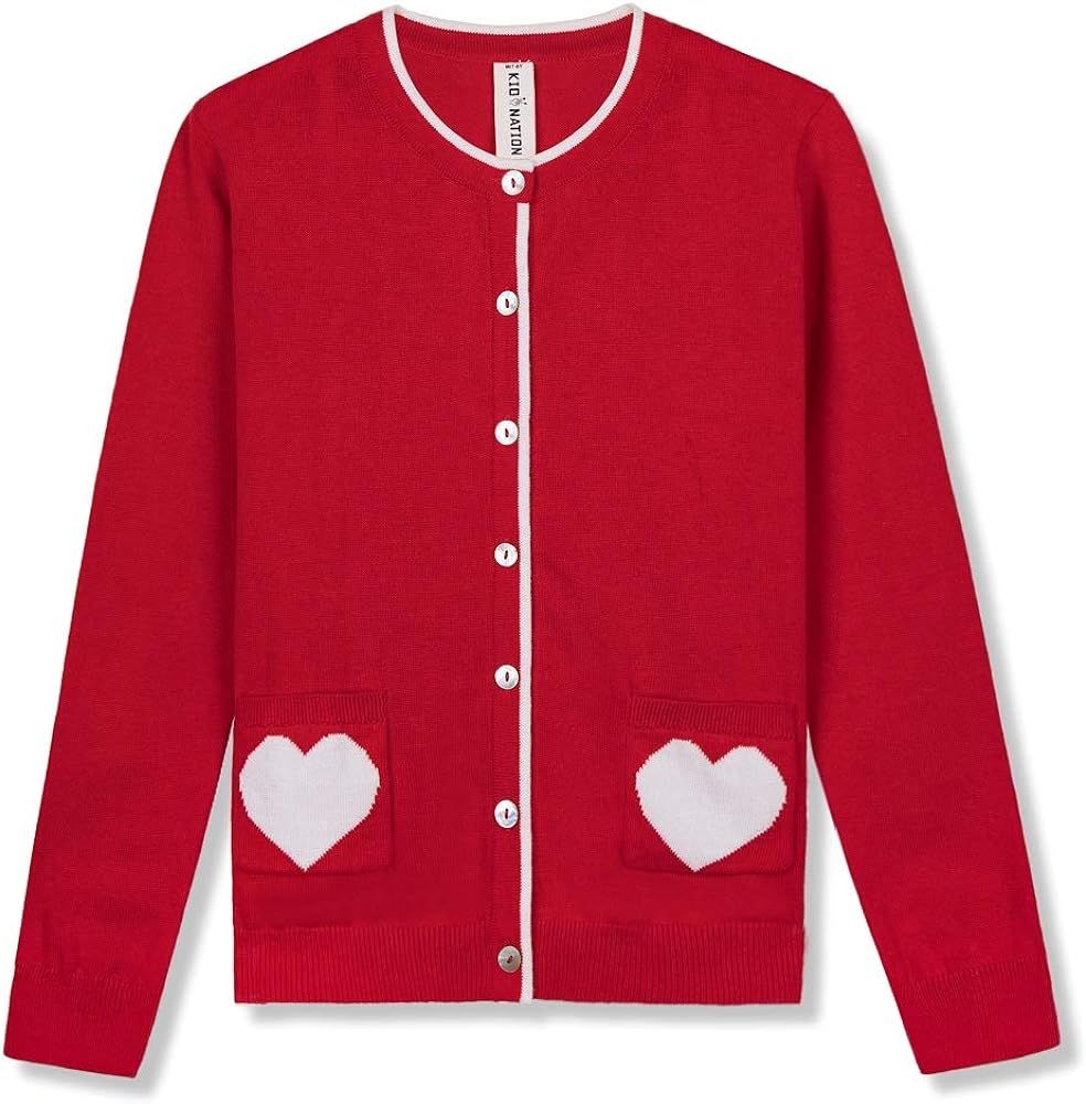 Kid Nation Girl's Button Down Sweater Cardigan with Heart Pockets Cotton Long Sleeve Cute Knit Outfi | Amazon (US)